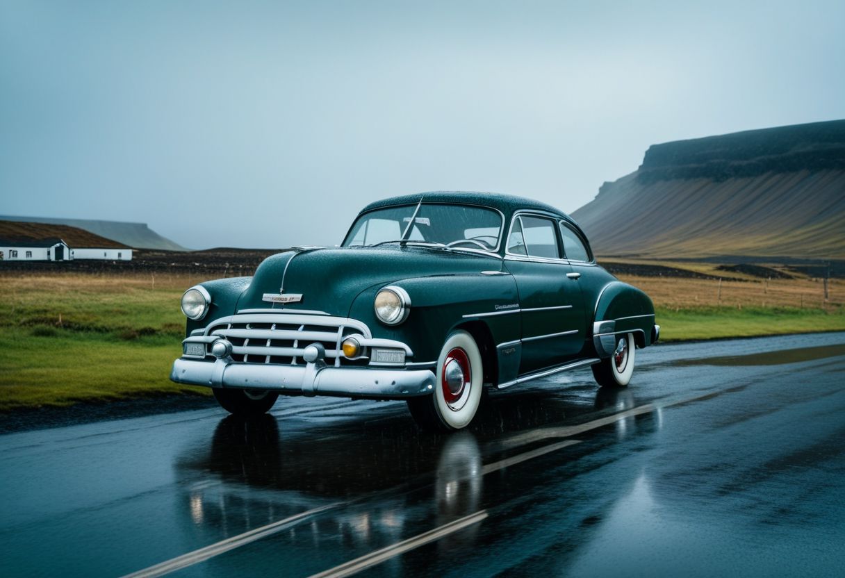 raw cinematic photo of 1950 Chevrolet Deluxe 2 door Business Coupe on Iceland suburbs in rainy weather, Extremely Realistic