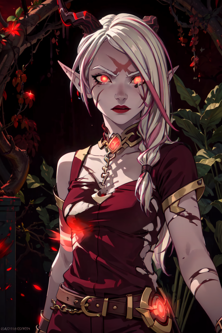 Bloodmoon Huntress, elf, horns, one broken horn, (red background), (blood floating around subject, red magic:1.2), (red glowing eyes:1.5), dark room, (realistic:1.2), (masterpiece:1.2), (full-body-shot:1),(Cowboy-shot:1.2), dark romantic lighting, (highly detailed:1.2), (detailed face:1.2), (gradients), colorful, detailed eyes, (natural lighting:1.2), solo, <lora:add_detail:0.3> <lora:DragonPrince_BloodmoonHuntress-10:0.6> <lora:BeautifulEyes:0.3>