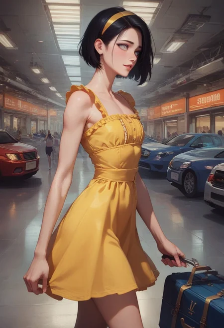 score_9, score_8_up, score_7_up, 1boy, femboy, otoko no ko, short hair, bob cut hair, black hair, grey eyes, gray eyes, feminine face, toned body, Shelly, cute sundress, yellow sundress, frills, bare shoulders, yellow hairband, bare neck, highly detailed, intricate, zzCitronCAT, excited expression, walking, crowded airport, indoors, holding luggage, side view, cowboy shot, concept art, realistic