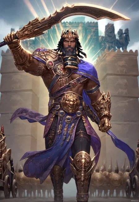 safe_pos, score_9, score_8_up, score_7_up, source_anime, rating_nsfw, ultra hd, absurdres, solo, masterpiece, best quality, best aesthetic, Expressiveh, wolfconf, burankoprn!, 1boy

SmiteGilgamesh, dark-skinned male, facial hair, beard, black hair, crown, armor, battlefield, looking at viewer, weapon