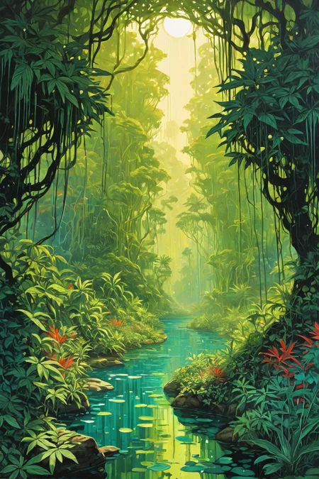 Landscape,Landscape creator,portal \(object\)to other world, A jungle with translucent leaves casting prismatic shadows vines that sing when touched, a sun pulsing like a holographic heart, Hedges of marijuana plants generating localized time dilation, bi-monthly algae blooms painting seas neon, rains that colorize monochrome landscapes, Art painting by Shepard Fairey and Kim Jung Gi , ,,
<lora:extremely_detailed:0.7> extremely detailed ,
<lora:add-detail-xl:0.7>,
<lora:softdigital2x2:0.15>,
<lora:EpicF4nta5yXL:0.3>,, Magic realism painting art style, surreal compositions, vibrant colors, blurs the line between reality and fantasy