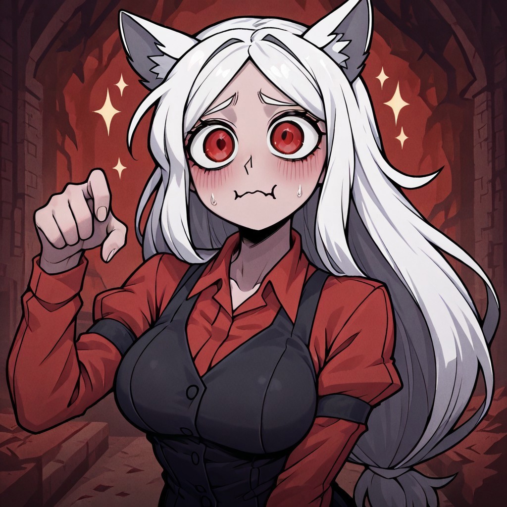 masterpiece, best quality, newest, absurdres, highres, P/PEV1.0, pleading eyes, 1girl, cerberus (helltaker), white hair, animal ears,
