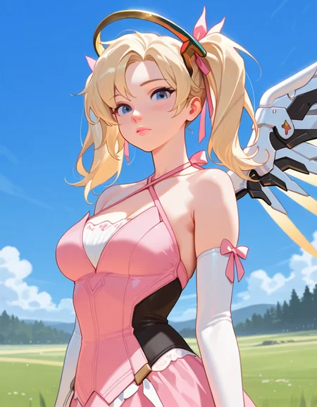 masterpiece, best quality, amazing quality, very aesthetic, absurdres,  newest, detailed background, cowboy shot, 4k, 8k, outdoors,
mercyxd, 1girl, solo, blonde hair, twintails, halo, wings, blue eyes, mechanical halo, breasts, pink ribbon, criss-cross halter, mechanical wings, halterneck, gloves, ribbon, nose, looking at viewer, lips, hair ribbon, medium breasts, upper body, dress,  official alternate costume, pink lips, pink dress, 
 <lora:Mercy_-_Overwatch_Illustrious:1>