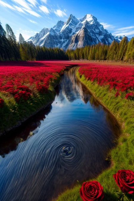 masterpiece, best quality, ultra-detailed, realistic, 8k, pine tree, flowers fields, many kinds of flowers, a couple of rabbits on very distant, lakes, meadows, grass, glitter on top, daytime, sunlight, cloudy, some birds fly in the sky over long distances, out-of-this-world scenery, lifelike, naturalism, greatest naturalism photo, immaculate detailed realism photography, rich colors, best colors perfect composition, perfect colors, colorful, clear photo, intrigue nature panorama, delicate nature photo, immaculate micro-details nature elements, (out-of-this-world scenery:1.23), beautiful landscape, beautiful flowers, crystal fantastic, breathtaking beautiful nature,  unmatched beauty nature, more nature elements, rich nature elements, (emphasize a big glasses reflects the natural scenery in great detail:1.37), a big glasses on above the rock, (viewing scenery from a big glasses, a bunch of small red roses are scattered around the big glasses, perfect scenery views from the big glasses, perfect dynamic angles for viewing the scenery from the big glasses:1.37), (pikachu is seen flying on a witch's broomstick:1.37), aesthetic, artistic style, surreal, insanely lifelike, top best naturalism photography, greatest detailed, intricate nature details background, depth of field, no human, detailerlora,