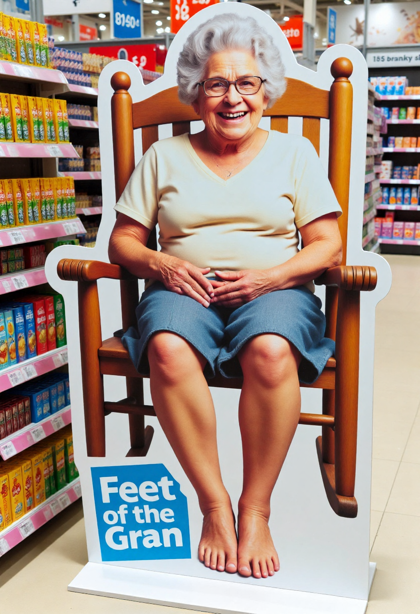 <lora:Cardboard_Cutout_Creator_FLUX-000021:0.9> 
The image is a high-resolution photograph taken inside of a grocery store, showcasing a large, detailed, 3D cardboard cutout of a happy grandmother sitting on a rocking chair showing off her wrinkly bare feet with text "Feet of the Gran"