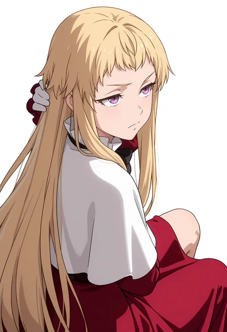Smooth Quality,masterpiece,very intricate, high quality details, ultra realistic, high detailed skin,detailed enviorement,absurdres,
simple background, white background,solo,
reclining, arms folded behind head, one knee bent, looking up, peaceful mood,  ,from behind,annoyed,
 <lora:Mariabell_Rosso_cnn:0.8> maricnn,1girl, long hair, blonde hair, purple eyes, frown, very long hair,red dress, long sleeves,white capelet,black bowtie,white gloves,