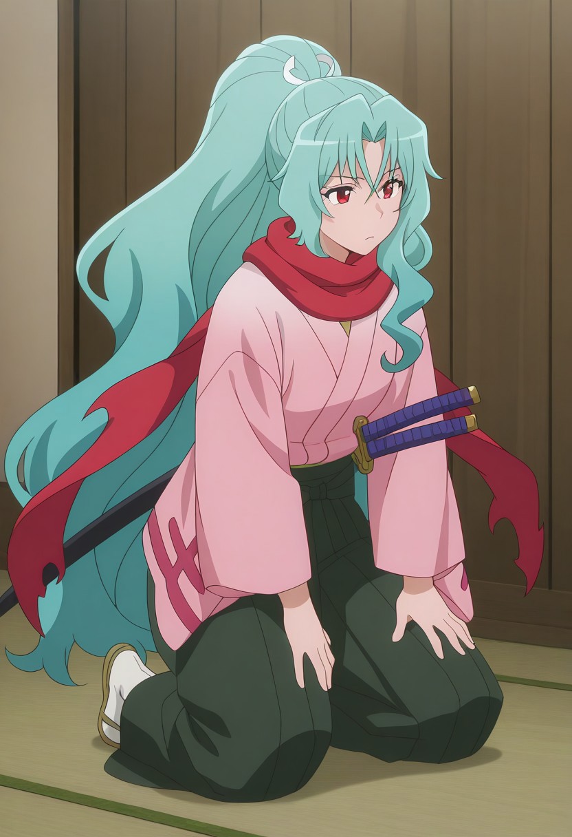 Smooth Quality,masterpiece, sofia/cnn, 1girl, long hair,ponytail, red eyes, very long hair,green hair, japanese clothes, katana, scarf, kneeling,