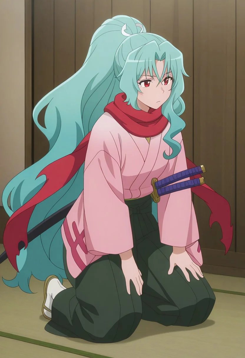 Smooth Quality,masterpiece, sofia/cnn, 1girl, long hair,ponytail, red eyes, very long hair,green hair, japanese clothes, katana, scarf, kneeling,