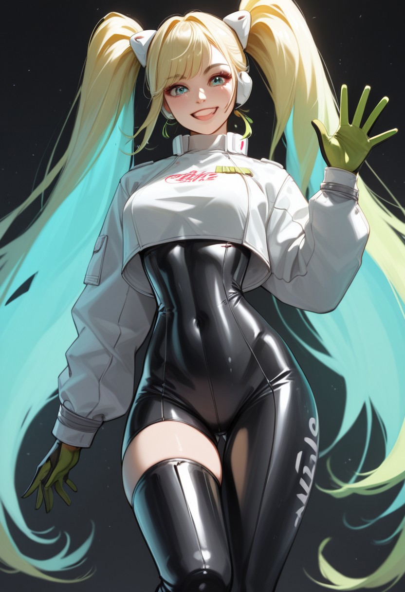score_9, score_8_up, score_7_up, score_6_up, score_9, score_8_up, score_7_up, score_6_up, masterpiece, detailed_eyes, high_quality, best_quality, highres, subject_focus, depth_of_field,eonn, depth of field, focused subject, dynamic angle, front view, arched back, arms our, one knee up
1girl, solo, 18_years_old, medium breasts, slim_waist, wide_hips,mikucosplay, white puffy jacket, open jacket, long sleeves, metallic pearlescent chromatic bodysuit, full body bodysuit, soft smile,  two-tone gloves, pearlescent gloves, green gloves, thigh boots, 
made of l1qu1dp34rl, metal, pearlescent, green, blue, teal, long blonde hair, twin tails hair, pearlescent highlights, glowing hair
Expressiveh, glowing, neon lights, black background