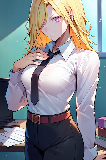 score_9, score_8_up, score_7_up, score_6_up, source_anime, 1girl, solo, <lora:vorona-pdxl-nvwls-v1-000005:1> vrna, blonde hair, medium hair, hair over one eye, purple eyes, large breasts, white shirt, long sleeves, collared shirt, black necktie, black pants, formal, belt, looking at you, hand on own chest, office, looking at you, standing