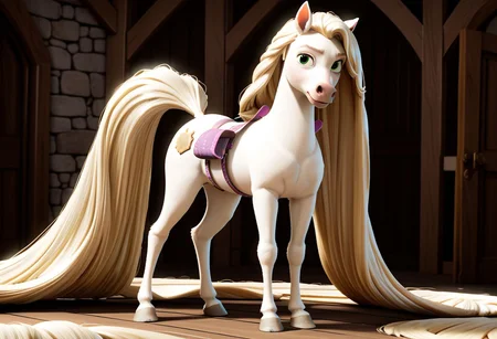 Score_9, score_8_up, score_7_up, original style, 3d disney anime, Maximus the white horse, solo, (A full body image of a horse with an endlessly long white Rapunzel-Style mane), (absurdly long white Rapunzel-Style mane:1.4), (meters of hair without end:1.2)