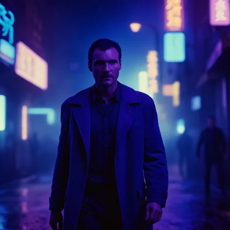 cinematic film still of <lora:Ultraviolet lighting Style:1> Ultraviolet lighting Style
<lora:Blade Runner Style:1>
A man walking streets at night to the camera looking at viewers Blade Runner Style, shallow depth of field, vignette, highly detailed, high budget, bokeh, cinemascope, moody, epic, gorgeous, film grain, grainy