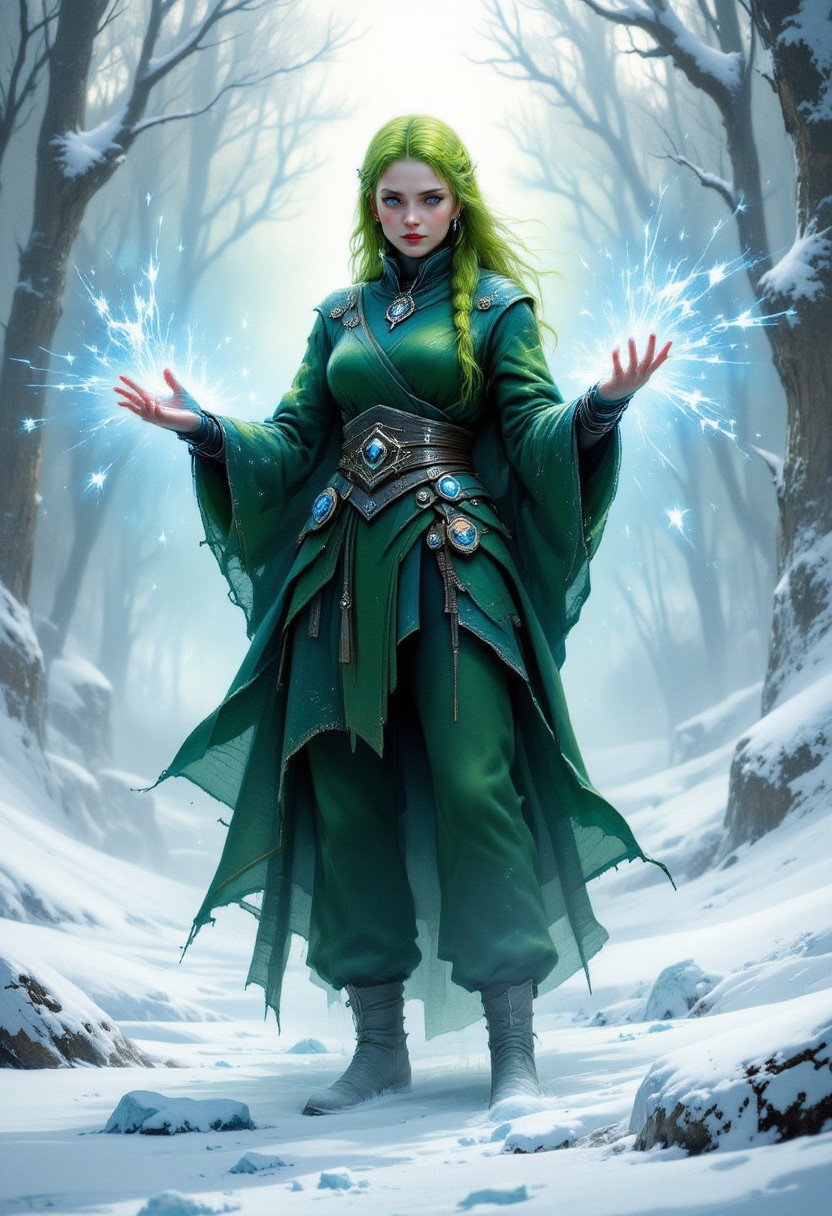 A slender human female illusionist, 22 years of age, with porcelain skin and bright green hair styled in long braids. Her ice blue eyes hold a quiet intensity. She has a small bust and a slim figure.  She wears layered, flowing green robes adorned with intricate frost patterns, matching green trousers, and warm fur-lined boots.  Small silver lockets containing a frozen snowflake and wrist guards for illusion weaving complete her attire.  She stands poised in a defensive stance, her hands subtly weaving illusory frost patterns in the air, a shimmering Glacial Illusion partially formed behind her. The scene is set within 'The Whispering Glade,' a secret training ground hidden within the Frostfall Kingdom.  The environment is a secluded sanctuary, characterized by icy formations, stark white landscapes, and dim, ethereal light filtering through the frosted branches of ancient trees.  The air shimmers with faint magical energies, reflecting the unique properties of the Frost Continent's icy landscape.