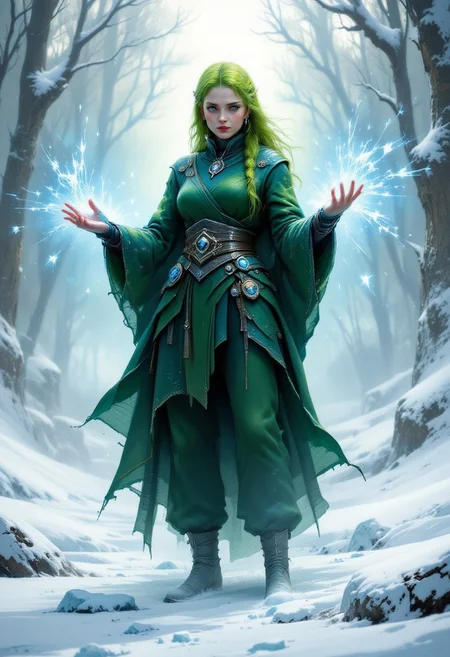 A slender human female illusionist, 22 years of age, with porcelain skin and bright green hair styled in long braids. Her ice blue eyes hold a quiet intensity. She has a small bust and a slim figure. She wears layered, flowing green robes adorned with intricate frost patterns, matching green trousers, and warm fur-lined boots. Small silver lockets containing a frozen snowflake and wrist guards for illusion weaving complete her attire. She stands poised in a defensive stance, her hands subtly weaving illusory frost patterns in the air, a shimmering Glacial Illusion partially formed behind her. The scene is set within 'The Whispering Glade,' a secret training ground hidden within the Frostfall Kingdom. The environment is a secluded sanctuary, characterized by icy formations, stark white landscapes, and dim, ethereal light filtering through the frosted branches of ancient trees. The air shimmers with faint magical energies, reflecting the unique properties of the Frost Continent's icy landscape.