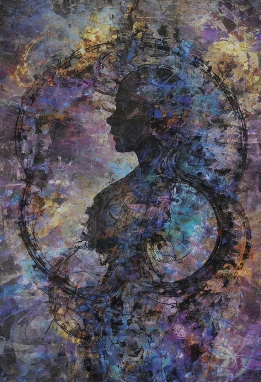 a world inside me, street, iridescent, gem, epic fantasy, dark fantasy, gritty, real, graffiti, long hair, (((silhouette))), expressionism art, fractals, stopwatch, deep purple and gray, at dusk, cinecolor, (dimmed colors:1.1), hdr, mentixis, linquivera