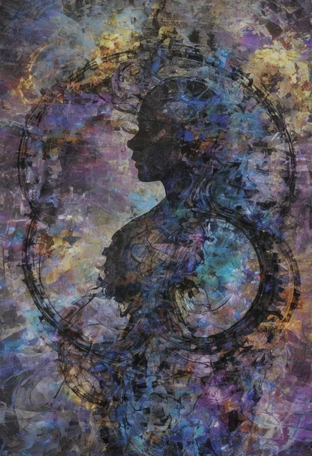 a world inside me, street, iridescent, gem, epic fantasy, dark fantasy, gritty, real, graffiti, long hair, (((silhouette))), expressionism art, fractals, stopwatch, deep purple and gray, at dusk, cinecolor, (dimmed colors:1.1), hdr, mentixis, linquivera