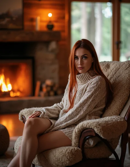 Subject: A woman sitting on a plush, oversized armchair in a cozy, rustic cabin surrounded by towering trees and a crackling fireplace.
Lighting: Warm, golden light from the fire casting a cozy ambiance.
Camera Angle: Eye-level shot, looking straight at the woman's face as she gazes out at the viewer.
Composition Style: Leading lines of the chair and surrounding decor converge to her eyes.
Clothing: High-necked, long-sleeved sweater in soft, earthy tones with a chunky knit pattern.