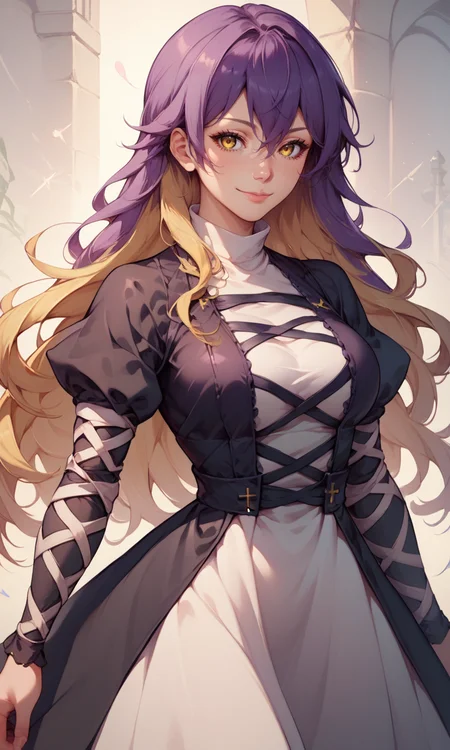 score_9, score_8_up, score_8, score_9, 1 girl, source_anime, hijiri byakuren, <lora:byakuren_hijiri_pony-10:0.8>, purple hair, blonde hair, two-tone hair, black dress, white dress, layered dress, cross-laced clothes, long hair, yellow eyes, <lora:mfcgXL:0.8>, smile