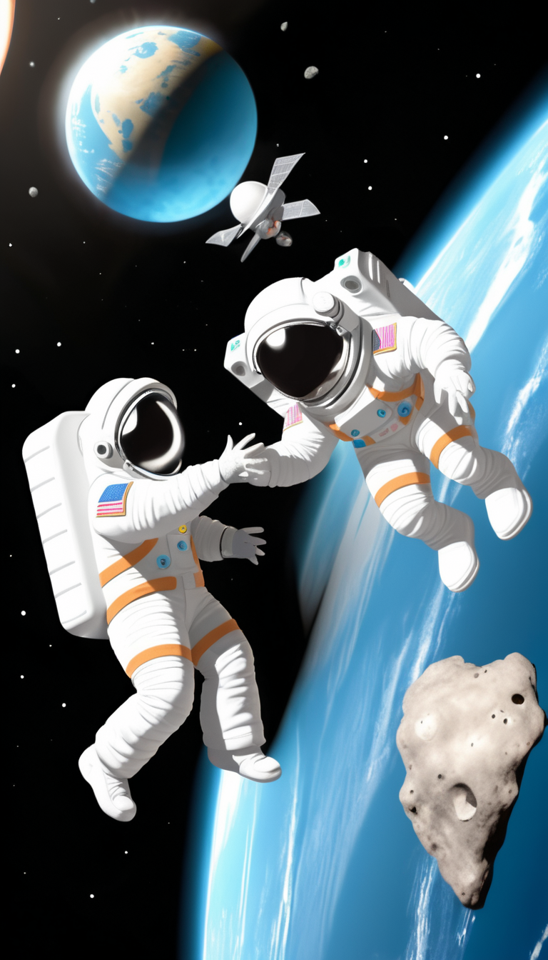 A space station orbiting Earth where astronaut kids encounter friendly aliens exchanging moon rocks and playing zero-gravity tag   <lora:Everly Heights TaleSpinner XL:1>