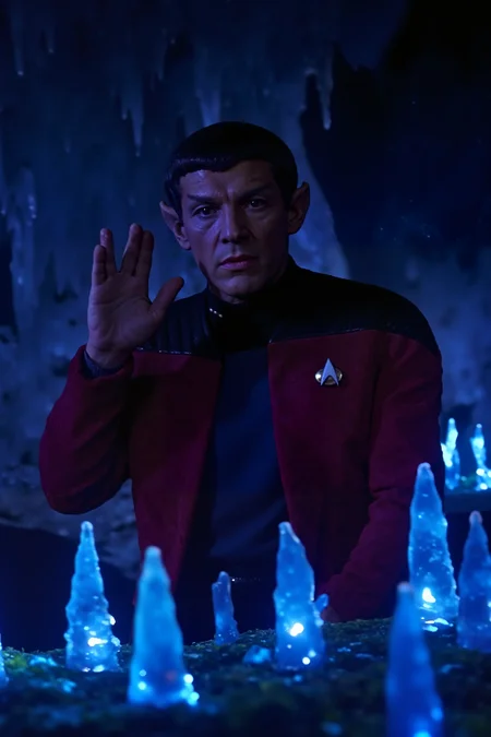 A close up portrait. In a crystalline cave deep beneath the surface of an alien moon, a Vulcan in a red captain's jacket from TNG stands calmly, his hands raised in a perfect Vulcan salute gesture. The jagged crystals around him pulse with an ethereal blue light, casting shimmering reflections on the cave walls. His sharp, angular features are highlighted by the soft glow of the crystals, which seem to hum in tune with the Vulcanâs steady breath. The walls of the cave are alive with ancient, flowing glyphs that light up in response to the Vulcanâs focus, their meaning long lost to time. Around his feet, the ground is covered in bioluminescent moss, adding a soft green light to the scene. The Vulcanâs expression is one of deep concentration, his logical mind in perfect harmony with the strange, mystical energies of the cave. Above him, the cavern ceiling drips with stalactites made of shimmering crystal, each one vibrating faintly, as though in resonance with his every thought.<lora:TNG_JCK_FLUX><lora:VULCANV1_FLUX><lora:VULCANSALUTE_FLUX><lora:Dever_Flux_Enhancer:0.5>