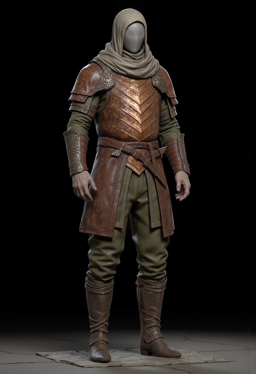 Bandit dressed in a medieval fantasy  Adventurer Set 
 wearing distinctive layered armor. The character has a sturdy leather breastplate decorated with an eye-catching chevron pattern in copper or bronze tones. Their outfit consists of olive green padded clothing underneath, with short pants and wrapped arm guards. A light head wrapping and simple circlet protect their head, while practical leather boots complete the outfit. The armor design suggests a blend of protection and mobility, suited for traversing rough terrain. The color palette harmonizes earthy tones - browns, greens, and copper. The overall style appears influenced by fantasy RPG character design, with a practical adventurer's aesthetic that balances form and function.
 Their face is obscured by shadows.
Standing on a flat gray ground  and black background, the camera angle is high rotated at a 45 degree angle
Set against a solid dark black color background to emphasize its unnatural form that emphasizes its silhouette. The medium is not a traditional painting or illustrative medium like watercolor or ink but rather a digital 3D rendering.
MikeFranchinastyle, bbstyle,, horror theme,, ZBClay model of a gray sculpture, zbrush, d4arks0uls, overcast lighting, jedioutfit