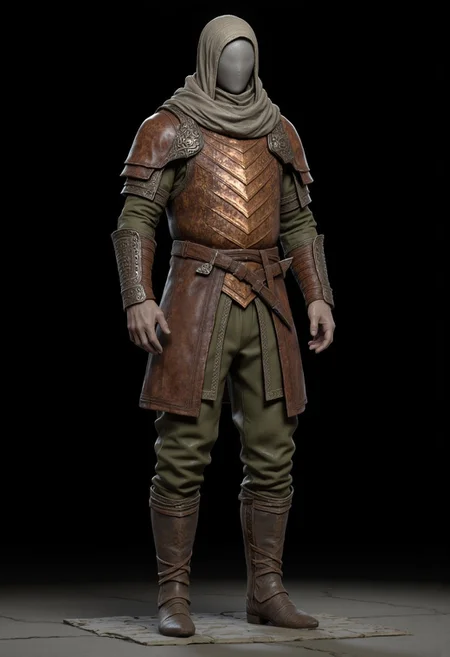Bandit dressed in a medieval fantasy Adventurer Set
wearing distinctive layered armor. The character has a sturdy leather breastplate decorated with an eye-catching chevron pattern in copper or bronze tones. Their outfit consists of olive green padded clothing underneath, with short pants and wrapped arm guards. A light head wrapping and simple circlet protect their head, while practical leather boots complete the outfit. The armor design suggests a blend of protection and mobility, suited for traversing rough terrain. The color palette harmonizes earthy tones - browns, greens, and copper. The overall style appears influenced by fantasy RPG character design, with a practical adventurer's aesthetic that balances form and function.
Their face is obscured by shadows.
Standing on a flat gray ground and black background, the camera angle is high rotated at a 45 degree angle
Set against a solid dark black color background to emphasize its unnatural form that emphasizes its silhouette. The medium is not a traditional painting or illustrative medium like watercolor or ink but rather a digital 3D rendering.
MikeFranchinastyle, bbstyle,, horror theme,, ZBClay model of a gray sculpture, zbrush, d4arks0uls, overcast lighting, jedioutfit