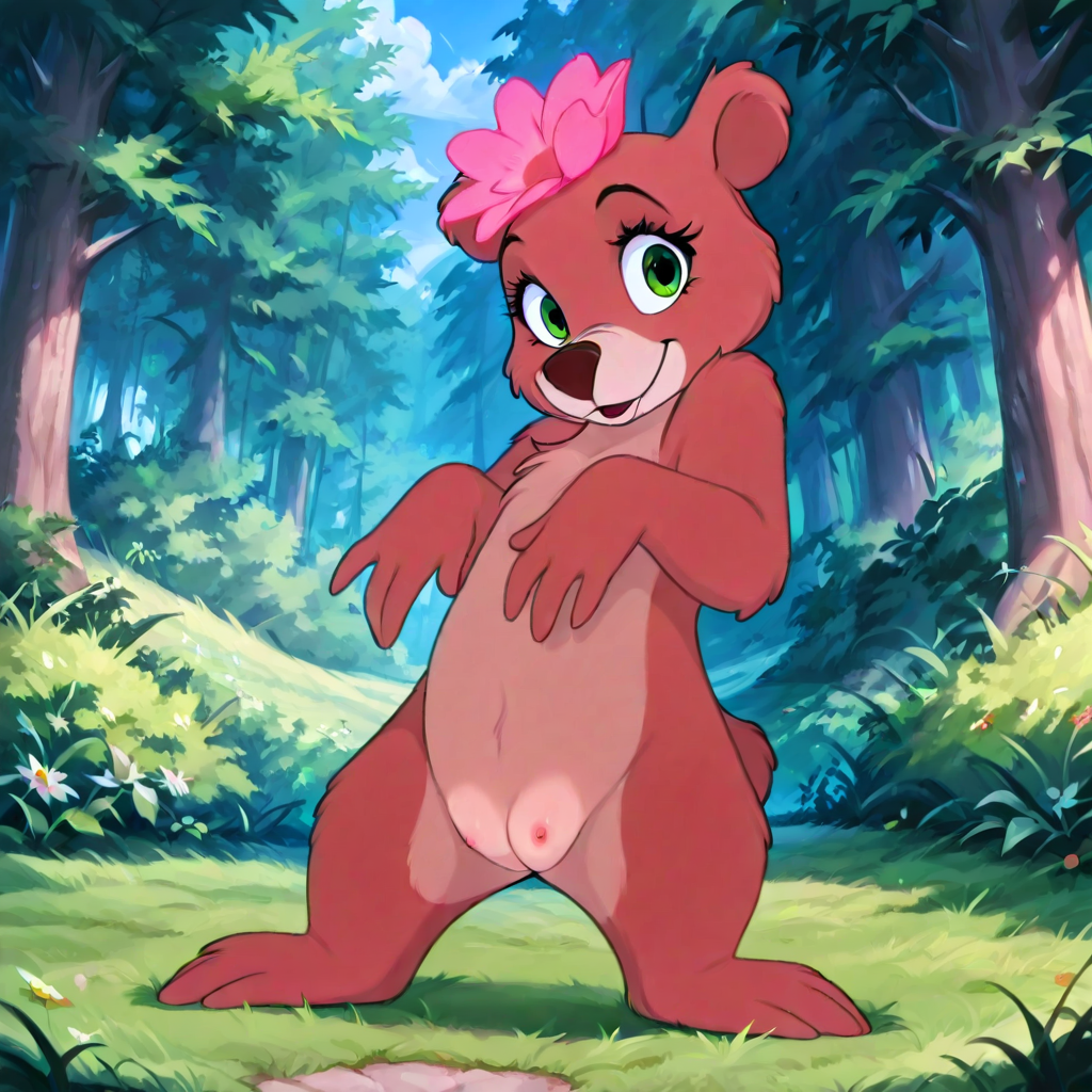 score_9, score_8_up, score_7_up, score_6_up, score_5_up, score_4_up,  
Solo, feral, Lulubelle, Bear, pink flower on head, 4 fingers,
posing, 
medium crotchboobs, 
front view, full body shot,