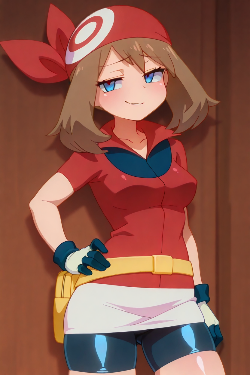 masterpiece, best quality, 1girl, solo, beautiful eyes, zzMay, may (pokemon), solo, brown hair, blue eyes, medium hair, red shirt, bike shorts, red bandana, red shirt, gloves,  white miniskirt, yellow belt,  <lora:MayPokemonIXL_v2:1.0>,  <lora:Ishuzoku_Reviewers_IXL:1.0>, cowboy shot, hand on hip, smug, smile, looking at viewer, shiny skin,