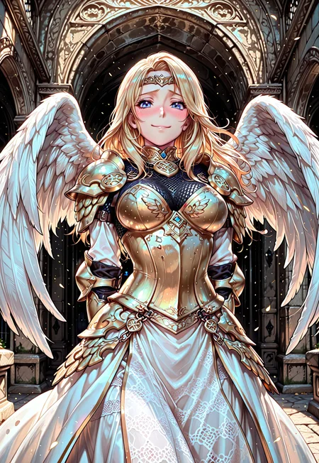 N4GAR3IPP0N, twir, masterpiece, highly detailed, 1girl, solo, a Valkyrie warrior woman, long wavy golden blonde hair, blue eyes, embarrassed smile, blush across the nose, golden circlet with white wings, wearing a gold and white wedding dress, detailed patterns and geometric embroidering. silver trim, elegant armored shoulder plates, chainmail corset, beautiful, vibrant, colorful, looking at the viewer, hands behind her back, shy, in an old stone grand hall, arched vaulted ceiling, cinematic lighting and shadow, dynamic composition, Smooth Quality