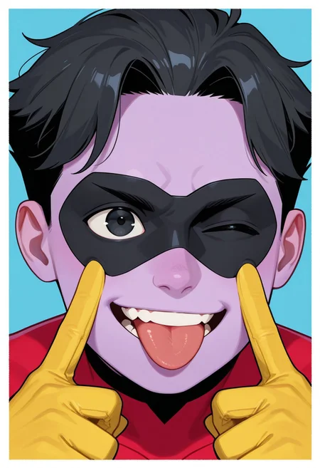 1boy, male focus, cute boy, rOliver_Grayson, Purple Skin, Colored Skin, Black Hair, Black Eyes, Domino Mask, Superhero Costume, Yellow Gloves, tongue out, (akanbe:2), smile, eyelid pull, left eye closed, simple background, graphic border, cinematic, intricately detailed illustration, depth of field, masterpiece, best quality, amazing quality, very aesthetic, absurdres, newest, very awa, shadow,