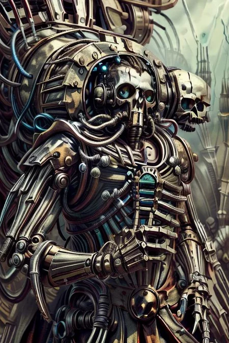 ((masterpiece,best quality)), absurdres, BREAK
mechanical arms, robes, hood, BREAK
((techpriest)), cyborg, mechanical face, mechanical limbs, gas mask, mechanical tentacles, (mechanical backpack), blue cloak, BREAK
1other, solo, holding skull, BREAK
(BoneyardAI),