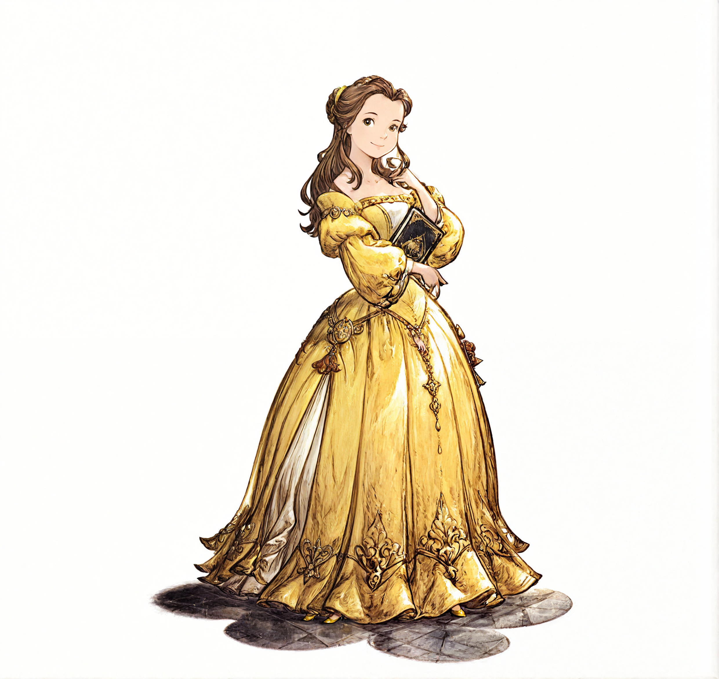 ((simple white background), frame), 
(solo focus, solo),  fullbody shot, 
polished floor, elegant decor,
1girl, (DisneyBelle), young adult, female focus, pretty,
yellow ball_gown, yellow_heels, yellow clothes, 
brown_hair, long hair, bun in hair, brown eyes,
standing, [curious|elegant] pose, smile, looking at viewer,
good hands,
BREAK
( color ink \(medium\), graphite \(medium\), gouache \(medium\) :1.3),(triangle strategy,octopath traveler:1,square enix:0.8),(book art:0.8),(1990s \(style\):0.8),<lora:[GAME ARTIST] Naoki Ikushima_epoch_13:1>,
,JanMatejkoStyle-IL.V1.0, oil painting, masterpiece, best quality,  elegant fantasy, soft colors, no humans,