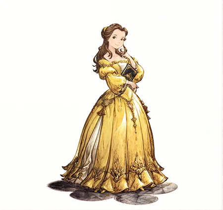 ((simple white background), frame), 
(solo focus, solo),  fullbody shot, 
polished floor, elegant decor,
1girl, (DisneyBelle), young adult, female focus, pretty,
yellow ball_gown, yellow_heels, yellow clothes, 
brown_hair, long hair, bun in hair, brown eyes,
standing, [curious|elegant] pose, smile, looking at viewer,
good hands,
BREAK
( color ink \(medium\), graphite \(medium\), gouache \(medium\) :1.3),(triangle strategy,octopath traveler:1,square enix:0.8),(book art:0.8),(1990s \(style\):0.8),<lora:[GAME ARTIST] Naoki Ikushima_epoch_13:1>,
,JanMatejkoStyle-IL.V1.0, oil painting, masterpiece, best quality,  elegant fantasy, soft colors, no humans,