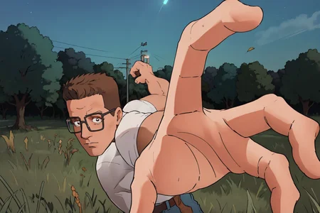 (masterpiece, best quality, absurdres, 4k, aesthetic, detailed, intricate, perfect lighting),grass,incoming punch,realistic,IncrsPunchMeme,hank hill,white t-shirt,jeans,glasses  <lora:PepePunchMemeV2:1>  <lora:Hank_Hill_SD_1.5:0.9>