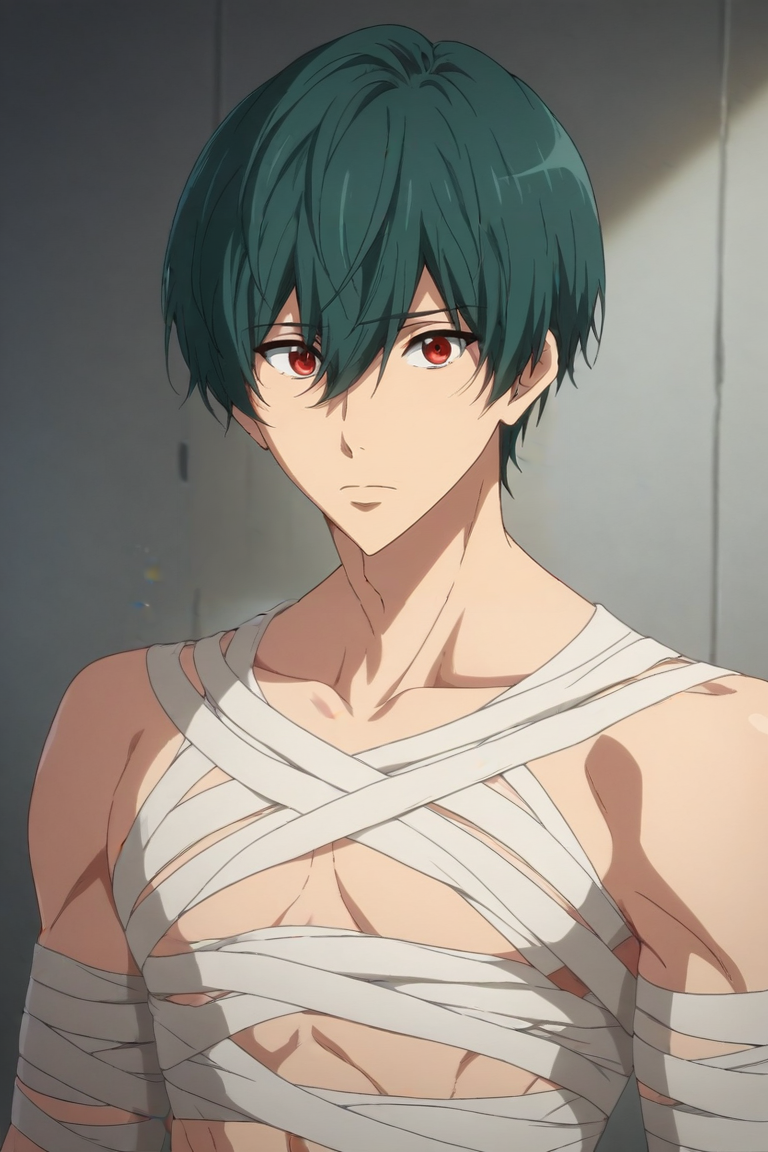 score_9, score_8_up, score_7_up, source_anime, (realistic:0.6), , upper body, , 1boy, solo, male focus, <lora:ikuya_kirishima_pony:0.94>, ikuya_kirishima, green hair, red eyes, hair between eyes, short hair, bangs, , mummy costume, steampunk, , <lora:sdxl_lightning_8step_lora:1>