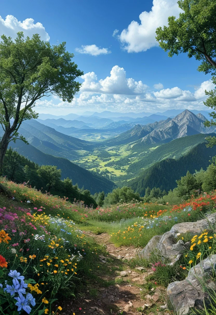 a vibrant colorful photo of a beautiful landscape in the mountains
outdoors, Tree, Flower, Location , Scenery , Cloud