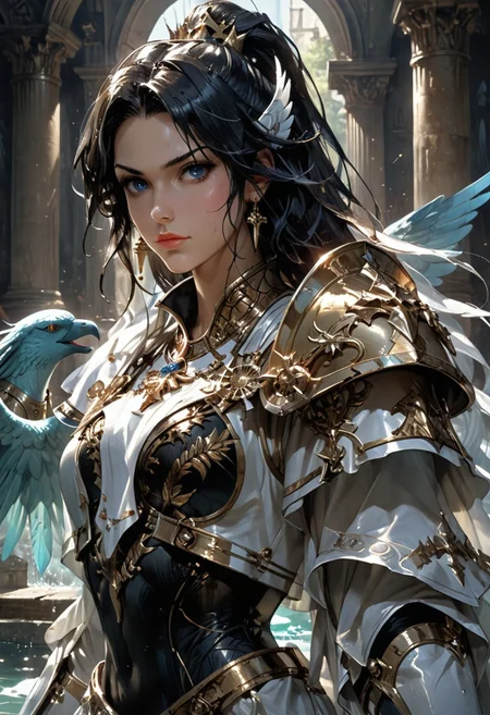 embedding:urn:air:sd1:embedding:civitai:222256@250708, score_9, score_8_up, score_7_up, saint seiya, 2 women, ((woman with heavy armor inspired by pegasus)), seiya woman, ((epic fighting against poseidon)), heavy armor woman inspired by poseidon, ((duel)), battle, ((face to face)), ((under sea city)), front of old greek temple, 4k, detailed, all scene under ocean, under water, full body, dramatic lighting