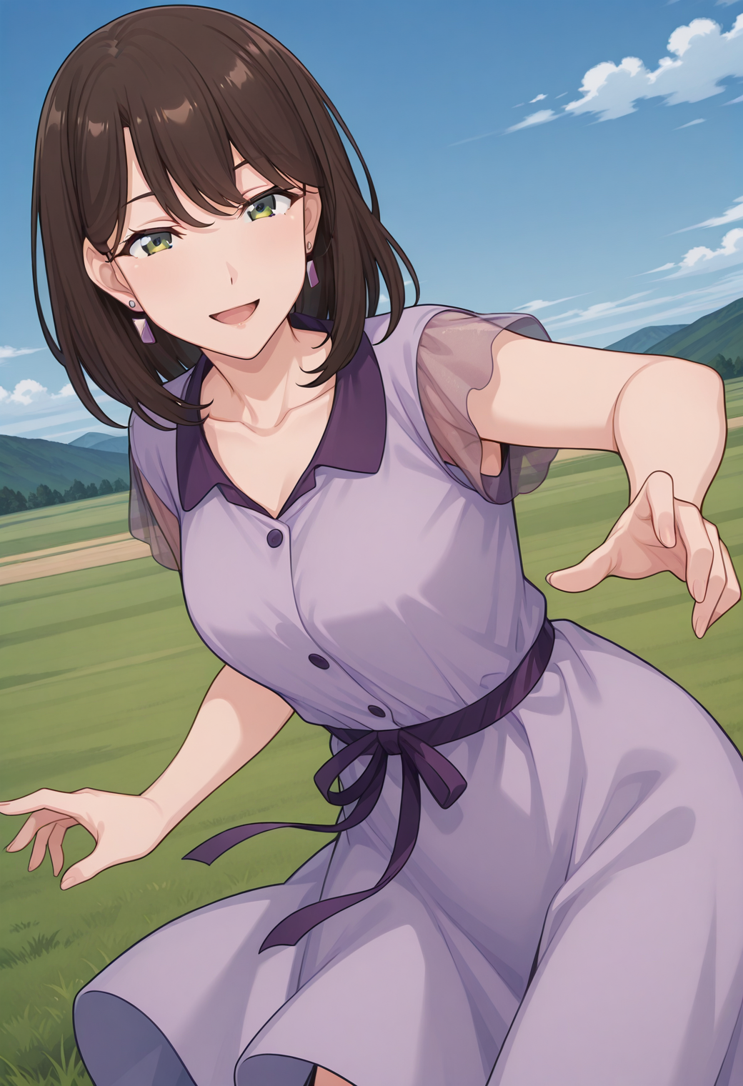 tantei1_yukiko, green eyes, brown hair, medium hair, mature female, earrings, collarbone, purple dress, see-through sleeves, short sleeves, <lora:tantei1_yukiko_illustrious_ver1:0.8> 
smile, open mouth, cowboy shot,, masterpiece, best quality, sensitive,, 1girl, solo, blue sky, (grasslands:1.2), looking at viewer,, (dynamic pose:1.4),