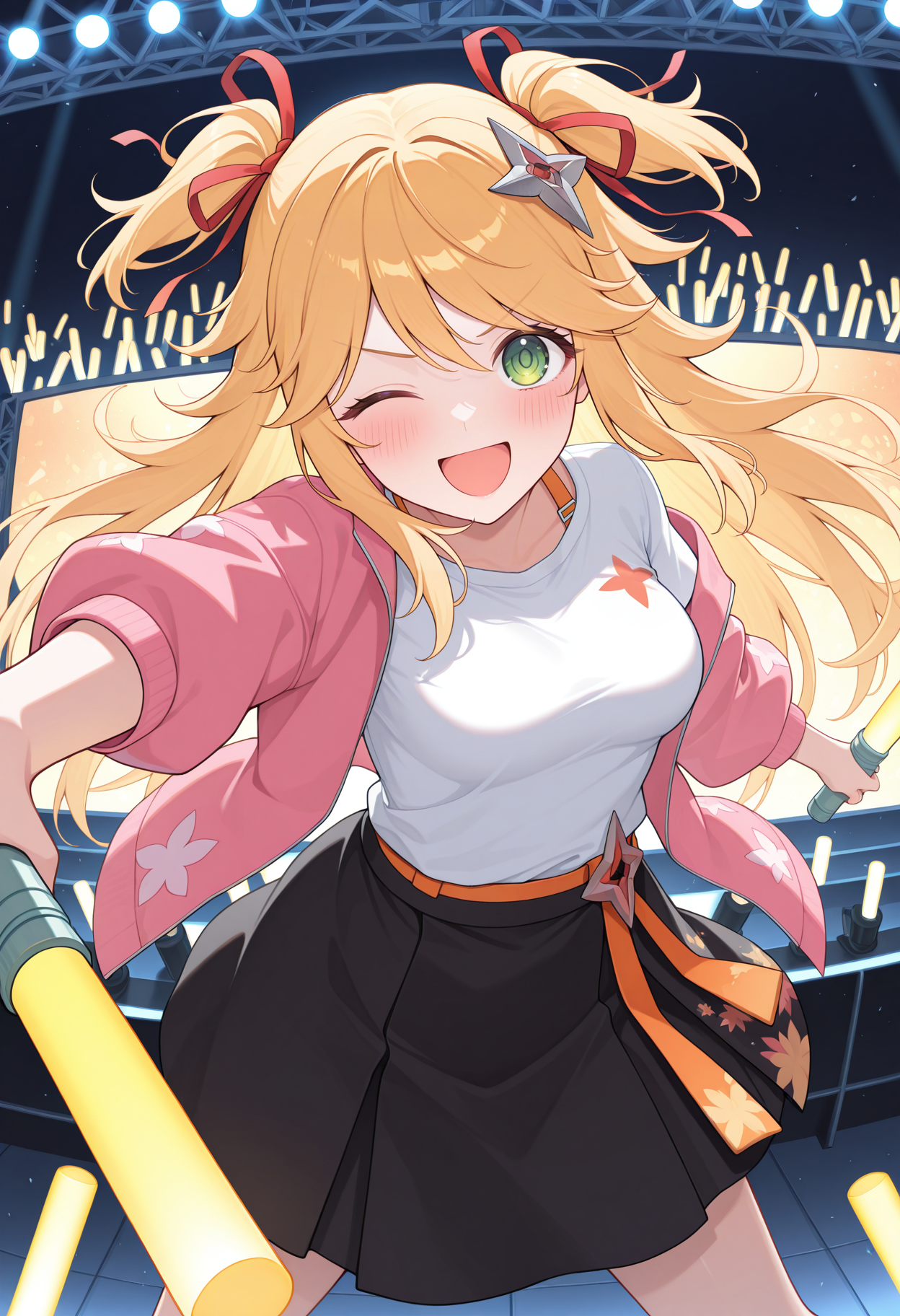 dual wielding, glowstick, stage, one eye closed, dynamic pose, smile, blush, looking at viewer, v-shaped eyebrows, open mouth, pcrninon, blonde hair, long hair, medium breasts, pninrl, two side up, hair ribbon, red ribbon, shuriken hair ornament, green eyes, pink jacket, open clothes, open jacket, print jacket, shirt over shirt, t-shirt, orange straps, white shirt, black skirt, print skirt, <lora:_ninon_pcr-elesico-ilxlA:1> highres, best quality, masterpiece,
1girl, solo,