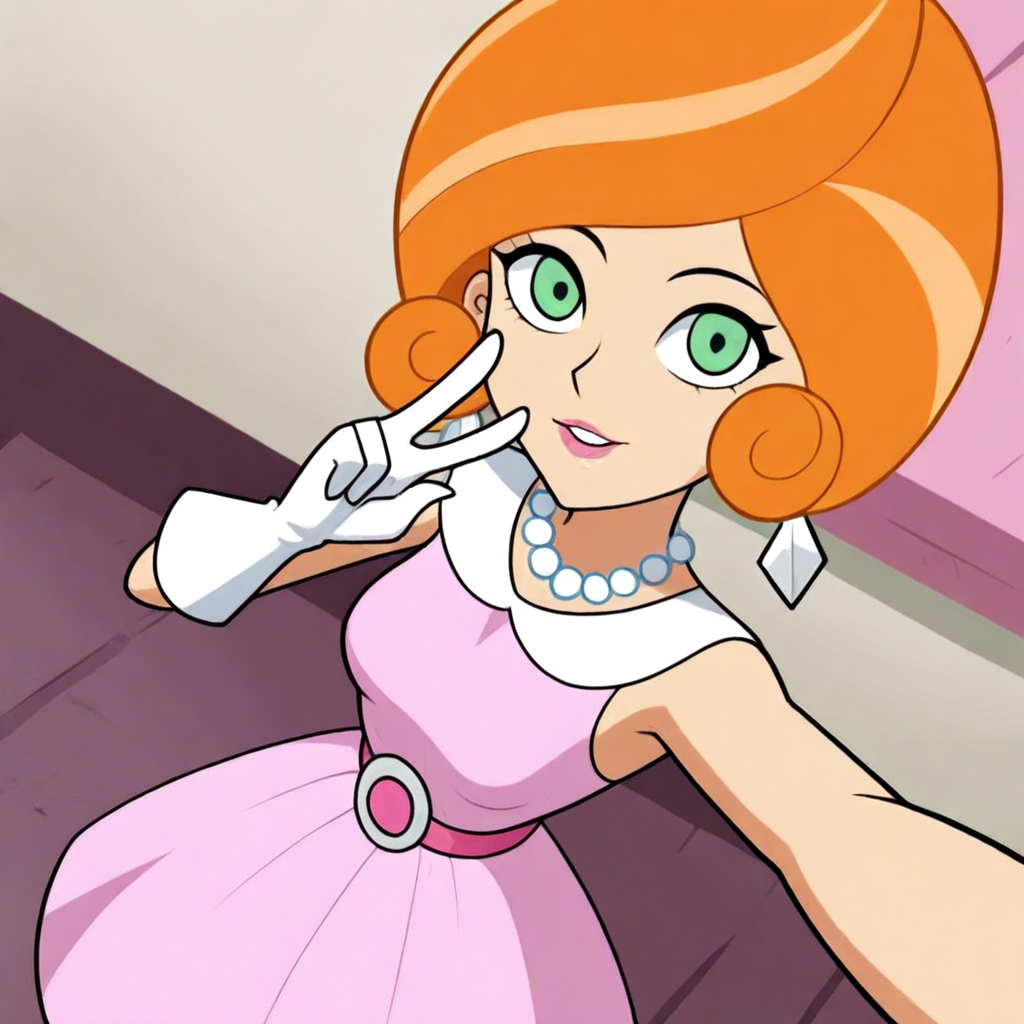 masterpiece, best quality, solo, pam_dp, orange hair, green eyes, earrings, necklace, dress, gloves, selfie, from above