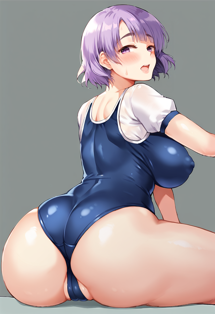 score_9, score_7_up,  1girl, 
huge breasts, wide hips, thick thighs, cameltoe, purple hair, wavy hair, looking at viewer, purple eyes, fat mons, blunt bangs, short sleeves, ass, solo, curvy, hair intakes, thick eyebrows, taut clothes, alternate breast size, blush, from behind, arm support, blue one-piece swimsuit, open mouth, looking back, breasts, sitting, school swimsuit, short hair, kneepits, puffy sleeves, grey background, swimsuit, one-piece swimsuit, leaning forward, taut swimsuit, covered nipples, thighs, cowboy shot
 <lora:ikura_nagisa-Style-PonyXL-GLoRA-000038:1>
