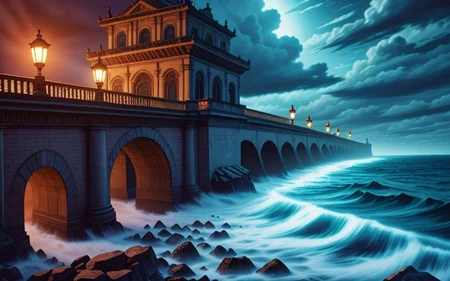 extremely detailed and colorful, incredibly absurdres, dramatic, dynamic shot, (XD-Scene), thematic lighting, 
a massive bridge over the ocean,