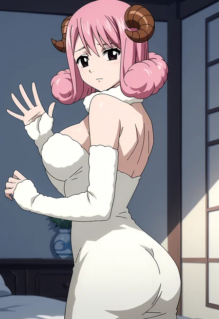 score_9, score_8_up, score_7_up, source_anime, 2d, AriesFT, 1girl, purple eyes, pink hair, short hair, ram's horns, big breasts, white collar, white shirt, white gloves, anime coloring, anime screencap, detailed eyes, zPDXL, perfect faces, uncensored, rating_explicit, <lora:ariesft_0-000050:1>, bedroom, from side, ass, looking back, looking at viewer, waving,