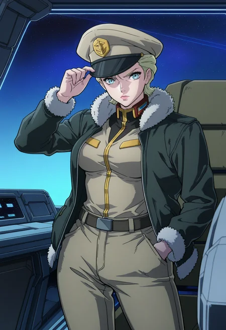 masterpiece, best quality, good quality, <lora:GTBClaudia:0.9>, GTBClaudia, 1girl, solo, blonde hair, short hair, hair slicked back, blue eyes, breasts, lipstick,
fur-trimmed jacket, open jacket, shirt tucked in, belt, pants,
military hat, adjusting headwear, hand in pocket,
looking at viewer, serious, standing,
BREAK dark, science fiction, star \(sky\), cockpit,