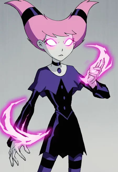 <lora:JinxTTPony1.0:1> jinx, 1girl, pink hair, buttons, twintails, solo, pink eyes, slit pupils, blush stickers, black choker, dress, grey skin,glowing eyes, striped pantyhose, capelet, score_9, score_8_up, score_7_up, score_6_up, score_5_up, score_4_up, looking at viewer, cowboy shot,energy ,