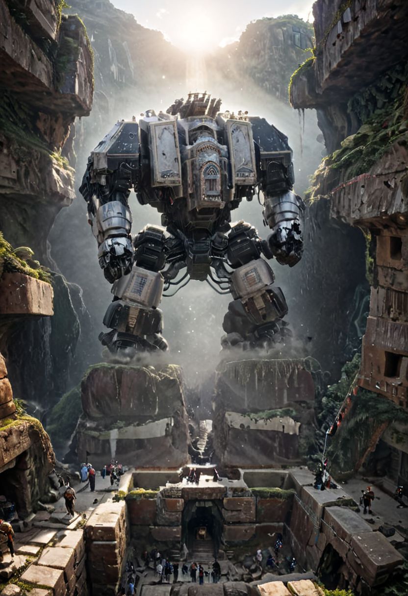 (Huge  mecha robots WITH NION totem carry huge stone blocks:1.5), 
(Ancient megalithic civilization, Azka Lines, on Easter Island:1.1), (The colonial city of the future, in the mist-filled Grand Canyon, on an unknown Earth-like planet, 2 moon on sky, Spaceship flight connects colonies, waterfulls:1), (Machu Picchu, a mountain settlement, incredibly spectacular:1),  (avant-garde, future, reality, science fiction, photorealistic), White limestone with black granite, fountain, waterfall, landmark, square, path, narrow street, (Large Files, Ultra Realistic, 8K, 16k, FHD, HD, VFX, Perfect, Photography, composition, Architecture Sales Photography, Architecture Competition, Ultra High Resolution, Cinematography, High Resolution Image:1), (dramatic lighting, direct sunlight, ray tracing, clear shadow:1), (real landscape:1), (blurred background:1.0), (urban background, more_details) ,
extremely detailed, industrialbuilding, drdnght machine, spstation, mayamaze, caveruinsAerial
