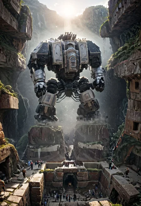 (Huge  mecha robots WITH NION totem carry huge stone blocks:1.5), 
(Ancient megalithic civilization, Azka Lines, on Easter Island:1.1), (The colonial city of the future, in the mist-filled Grand Canyon, on an unknown Earth-like planet, 2 moon on sky, Spaceship flight connects colonies, waterfulls:1), (Machu Picchu, a mountain settlement, incredibly spectacular:1),  (avant-garde, future, reality, science fiction, photorealistic), White limestone with black granite, fountain, waterfall, landmark, square, path, narrow street, (Large Files, Ultra Realistic, 8K, 16k, FHD, HD, VFX, Perfect, Photography, composition, Architecture Sales Photography, Architecture Competition, Ultra High Resolution, Cinematography, High Resolution Image:1), (dramatic lighting, direct sunlight, ray tracing, clear shadow:1), (real landscape:1), (blurred background:1.0), (urban background, more_details) ,
extremely detailed, industrialbuilding, drdnght machine, spstation, mayamaze, caveruinsAerial
