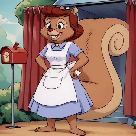 score_9, score_8_up, score_7_up, BREAK, furry female, full body, teeth, breasts, barefoot, brown fur, simple background, mailbox, Mrs. Squirrel, curtains, indoor, short sleeves, tree, dress with collar, hands on hips, black eyes, hairy, white apron, no humans, medium breasts, tail, nipples, squirrel tail, squirrel lady, standing.