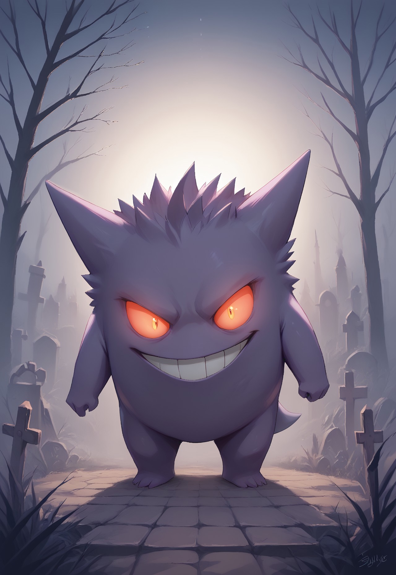 masterpiece, score_9, score_8_up, score_7_up, EasyNegative_v2, dark magic, witchcraft, eerie atmosphere, glowing eyes, graveyard, fog, mist, twisted trees, magical aura, night scene, glowing plants, mysterious, eerie lighting, ancient, powerful presence,
gengar, gengar lurking in the dark,evil smile,vivid colors,
cowboy shot, smile, no humans, pokemon \(creature\),