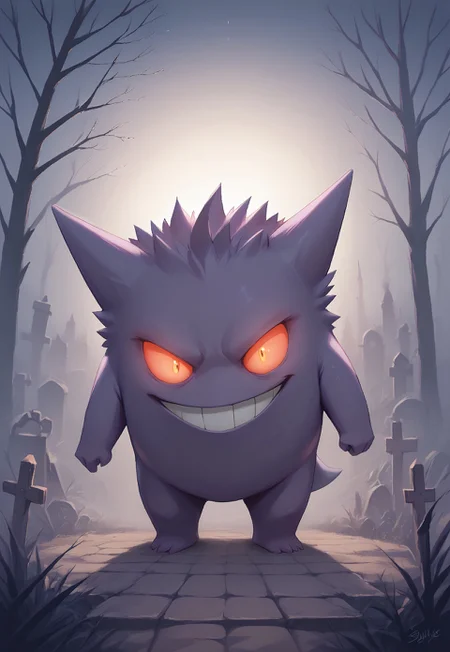 masterpiece, score_9, score_8_up, score_7_up, EasyNegative_v2, dark magic, witchcraft, eerie atmosphere, glowing eyes, graveyard, fog, mist, twisted trees, magical aura, night scene, glowing plants, mysterious, eerie lighting, ancient, powerful presence,
gengar, gengar lurking in the dark,evil smile,vivid colors,
cowboy shot, smile, no humans, pokemon \(creature\),